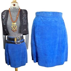 Vintage 80s Royal Blue Genuine Suede Leather Mini Skirt Sz XS Waist 25 Western